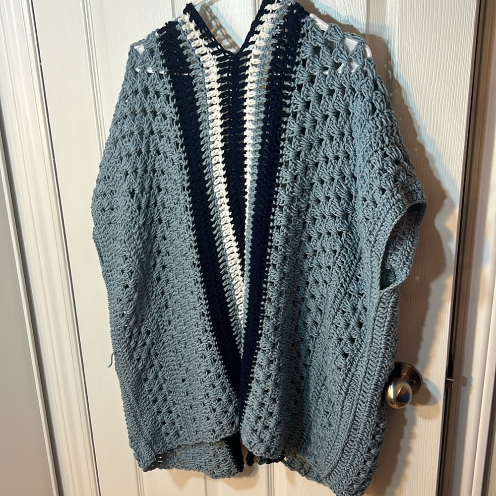 Hand crocheted handmade OSFM blue striped open cardigan cottagecore - Picture 4 of 4